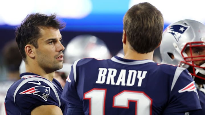 FOXBOROUGH, MA - AUGUST 9 : Eric Decker #81 of the New England Patriots talks with Tom Brady #12 during the preseason game between the New England Patriots and the Washington Redskins at Gillette Stadium on August 9, 2018 in Foxborough, Massachusetts. (Photo by Maddie Meyer/Getty Images) FOXBOROUGH, MA - AUGUST 9 : Eric Decker #81 of the New England Patriots talks with Tom Brady #12 during the preseason game between the New England Patriots and the Washington Redskins at Gillette Stadium on August 9, 2018 in Foxborough, Massachusetts. (Photo by Maddie Meyer/Getty Images)