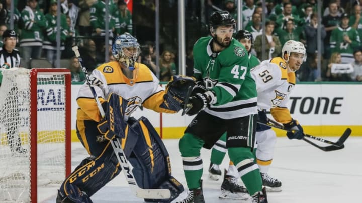 DALLAS, TX - APRIL 15: Dallas Stars right wing Alexander Radulov (47) tries to block Nashville Predators goaltender Pekka Rinne (35) during the game between the Dallas Stars and the Nashville Predators on April 15, 2019 at the American Airlines Center in Dallas, Texas. (Photo by Matthew Pearce/Icon Sportswire via Getty Images)