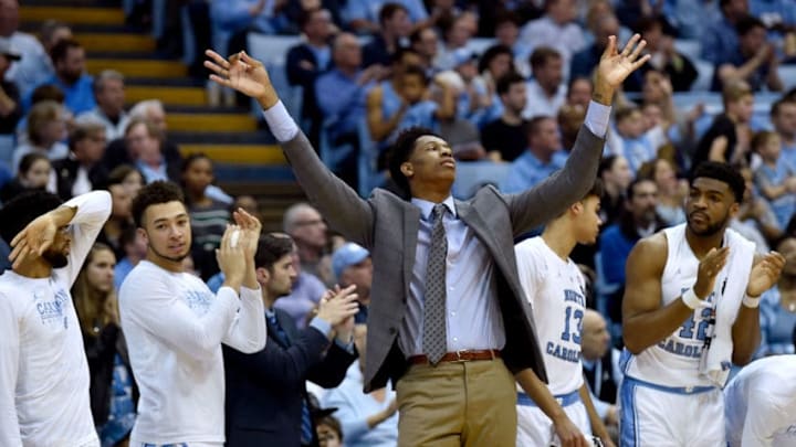 CHAPEL HILL, NORTH CAROLINA - JANUARY 02: Sterling Manley #21 of the North Carolina Tar Heels reacts after a three-point basket during the second half of their game against the Harvard Crimson at the Dean Smith Center on January 02, 2019 in Chapel Hill, North Carolina. North Carolina won 77-57. (Photo by Grant Halverson/Getty Images)