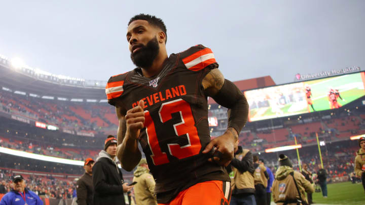 CLEVELAND, OHIO – NOVEMBER 10: Odell Beckham #13 of the Cleveland Browns leaves the field after a 19-16 win over the Buffalo Bills at FirstEnergy Stadium on November 10, 2019 in Cleveland, Ohio. (Photo by Gregory Shamus/Getty Images)