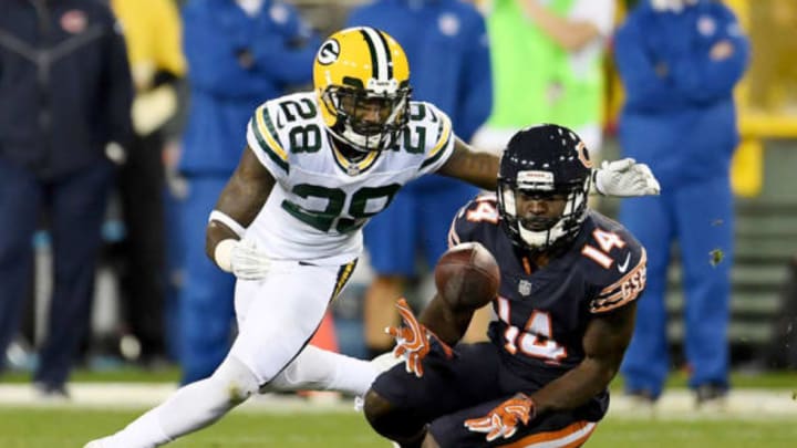 GREEN BAY, WI – SEPTEMBER 28: Deonte Thompson #14 of the Chicago Bears makes a catch in front of Josh Hawkins #28 of the Green Bay Packers in the third quarter at Lambeau Field on September 28, 2017 in Green Bay, Wisconsin. (Photo by Stacy Revere/Getty Images)