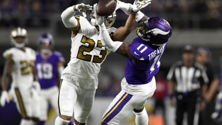 MINNEAPOLIS, MN - OCTOBER 28: Marshon Lattimore #23 of the New Orleans Saints breaks up a pass to Laquon Treadwell #11 of the Minnesota Vikings in the second quarter of the game at U.S. Bank Stadium on October 28, 2018 in Minneapolis, Minnesota. (Photo by Hannah Foslien/Getty Images)