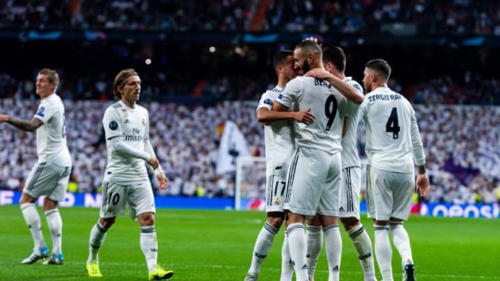 MADRID, SPAIN - OCTOBER 23: Karim Benzema, #9 of Real Madrid celebrates after scoring his team's first goal during the UEFA Champions League between Club Real Madrid and Viktoria Plzen at Santiago Bernabeu on October 23, 2018 in Madrid, Spain. (Photo by Sonia Canada/Getty Images)