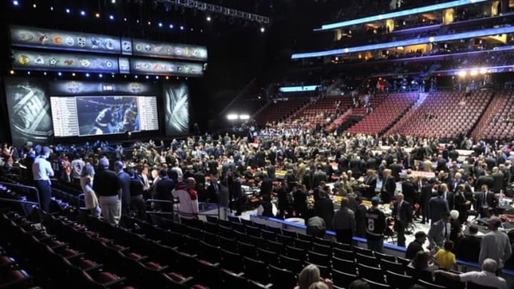 Jun 26, 2015; Sunrise, FL, USA; A general view of the stage and draft room floor before the first round of the 2015 NHL Draft at BB&T Center. Mandatory Credit: Steve Mitchell-USA TODAY Sports