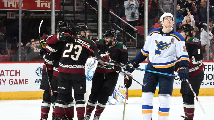 GLENDALE, AZ – DECEMBER 01: Jakob Chychrun #6 of the Arizona Coyotes celebrates with teammates Clayton Keller #9, Oliver Ekman-Larsson #23 and Alex Galchenyuk #17 after scoring a goal against the St Louis Blues during the first period at Gila River Arena on December 1, 2018 in Glendale, Arizona. (Photo by Norm Hall/NHLI via Getty Images)