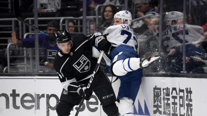 LOS ANGELES, CALIFORNIA - MARCH 05: Kyle Clifford #73 of the Toronto Maple Leafs collides with Matt Roy #3 of the Los Angeles Kings during the first period at Staples Center on March 05, 2020 in Los Angeles, California. (Photo by Harry How/Getty Images)