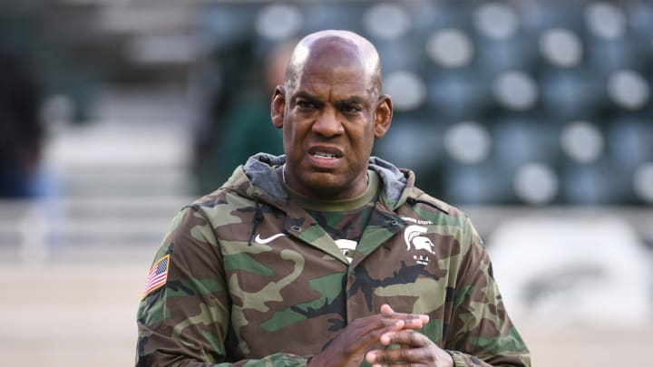 Nov 13, 2021; East Lansing, Michigan, USA; Michigan State Spartans head coach Mel Tucker before the game against the Maryland Terrapins at Spartan Stadium. Mandatory Credit: Tim Fuller-USA TODAY Sports