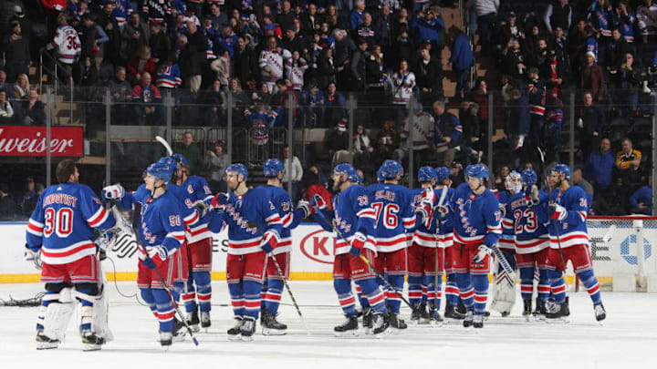 NEW YORK, NY - FEBRUARY 23: The New York Rangers celebrate after defeating the New Jersey Devils 5-2 at Madison Square Garden on February 23, 2019 in New York City. (Photo by Jared Silber/NHLI via Getty Images)