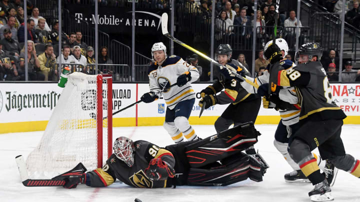 LAS VEGAS, NEVADA – FEBRUARY 28: Robin Lehner #90 of the Vegas Golden Knights makes a diving save against the Buffalo Sabres in the third period of their game at T-Mobile Arena on February 28, 2020 in Las Vegas, Nevada. The Golden Knights defeated the Sabres 4-2. (Photo by Ethan Miller/Getty Images)
