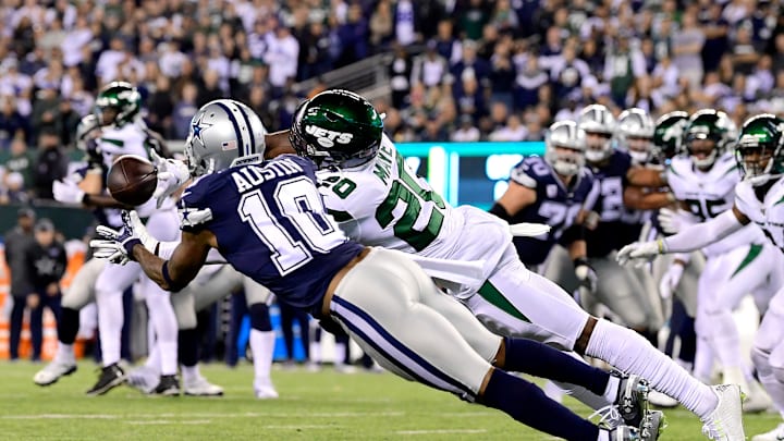 EAST RUTHERFORD, NEW JERSEY – OCTOBER 13: Marcus Maye #20 of the New York Jets breaks up a pass intended for Tavon Austin #10 of the Dallas Cowboys during the fourth quarter at MetLife Stadium on October 13, 2019 in East Rutherford, New Jersey. (Photo by Steven Ryan/Getty Images)