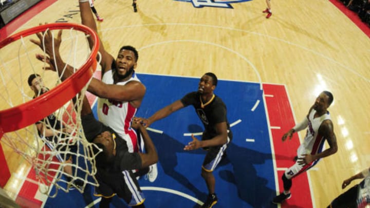 AUBURN HILLS, MI – JANUARY 16: Andre Drummond #0 of the Detroit Pistons shoots the ball against the Golden State Warriors on January 16, 2016 at The Palace of Auburn Hills in Auburn Hills, Michigan. NOTE TO USER: User expressly acknowledges and agrees that, by downloading and/or using this photograph, User is consenting to the terms and conditions of the Getty Images License Agreement. Mandatory Copyright Notice: Copyright 2016 NBAE (Photo by Allen Einstein/NBAE via Getty Images)