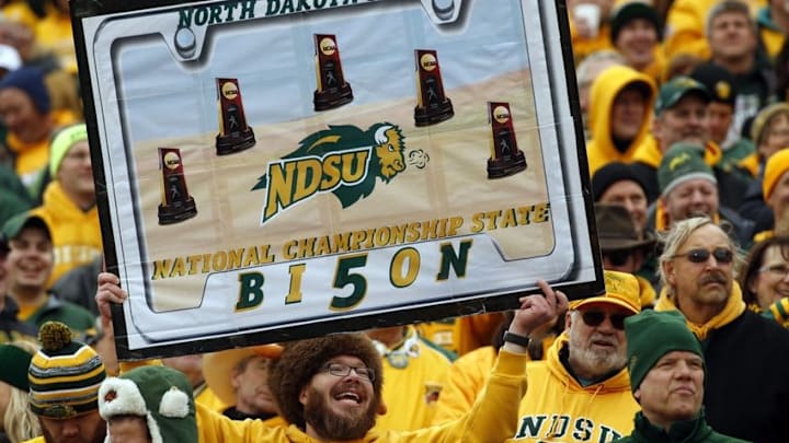 Jan 9, 2016; Frisco, TX, USA; North Dakota State Bison fans holds up a sign in the game against the Jacksonville State Gamecocks in the FCS Championship college football game at Toyota Stadium. North Dakota State won 37-10. Mandatory Credit: Tim Heitman-USA TODAY Sports
