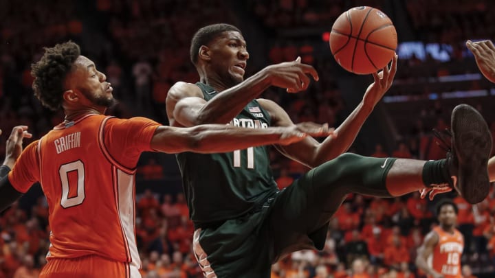 CHAMPAIGN, IL – FEBRUARY 11: Aaron Henry #11 of the Michigan State Spartans comes down with a rebound during the second half as Alan Griffin #0 of the Illinois Fighting Illini defends at State Farm Center on February 11, 2020 in Champaign, Illinois. (Photo by Michael Hickey/Getty Images)