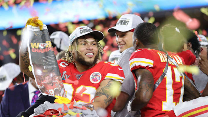 MIAMI, FLORIDA - FEBRUARY 02: Tyrann Mathieu #32 of the Kansas City Chiefs celebrates after defeating the San Francisco 49ers 31-20 in Super Bowl LIV at Hard Rock Stadium on February 02, 2020 in Miami, Florida. (Photo by Maddie Meyer/Getty Images)