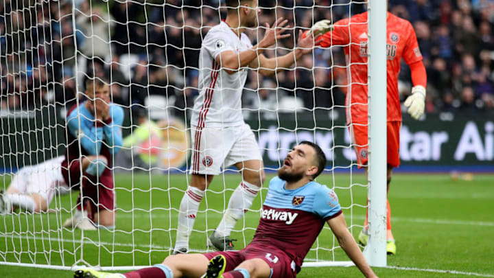 LONDON, ENGLAND - OCTOBER 26: Robert Snodgrass of West Ham United reacts after hitting the post during the Premier League match between West Ham United and Sheffield United at London Stadium on October 26, 2019 in London, United Kingdom. (Photo by Marc Atkins/Getty Images)
