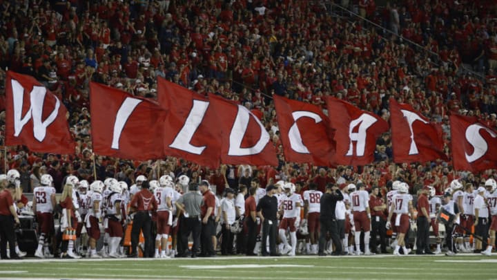 Oct 28, 2017; Tucson, AZ, USA; Arizona Wildcats flags are displayed during the second half against the Washington State Cougars at Arizona Stadium. Mandatory Credit: Casey Sapio-USA TODAY Sports