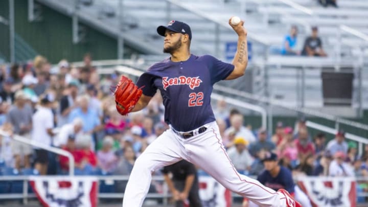 PORTLAND, ME - AUGUST 27: Boston Red Sox pitcher Eduardo Rodriguez #57 delivers in a game between the Portland Sea Dogs and New Hampshire Fisher Cats while on a rehab assignment for the Boston Red Sox at Hadlock Field on August 27, 2018 in Portland, Maine. (Photo by Zachary Roy/Getty Images)
