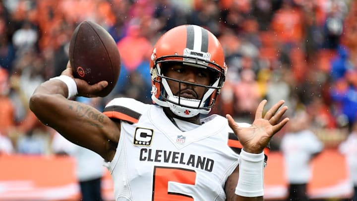 CLEVELAND, OH – SEPTEMBER 09: Tyrod Taylor #5 of the Cleveland Browns warms up prior to the game against the Pittsburgh Steelers at FirstEnergy Stadium on September 9, 2018 in Cleveland, Ohio. (Photo by Jason Miller/Getty Images)