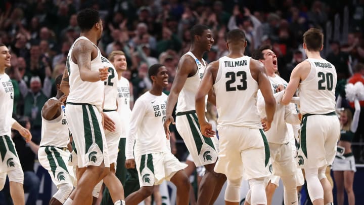 DETROIT, MI – MARCH 18: The Michigan State Spartans react during the first half against the Syracuse Orange in the second round of the 2018 NCAA Men’s Basketball Tournament at Little Caesars Arena on March 18, 2018 in Detroit, Michigan. (Photo by Elsa/Getty Images)