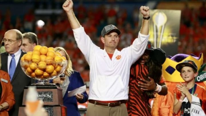 Dec 31, 2015; Miami Gardens, FL, USA; Clemson Tigers head coach Dabo Swinney reacts after the 2015 CFP Semifinal against the Oklahoma Sooners at the Orange Bowl at Sun Life Stadium. Clemson won 37-17. Mandatory Credit: Kim Klement-USA TODAY Sports