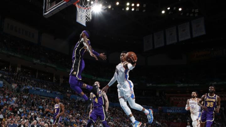 OKLAHOMA CITY, OK- APRIL 2: Russell Westbrook #0 of the Oklahoma City Thunder shoots the ball against the Los Angeles Lakers on April 2, 2019 at Chesapeake Energy Arena in Oklahoma City, Oklahoma. NOTE TO USER: User expressly acknowledges and agrees that, by downloading and or using this photograph, User is consenting to the terms and conditions of the Getty Images License Agreement. Mandatory Copyright Notice: Copyright 2019 NBAE (Photo by Jeff Haynes/NBAE via Getty Images)