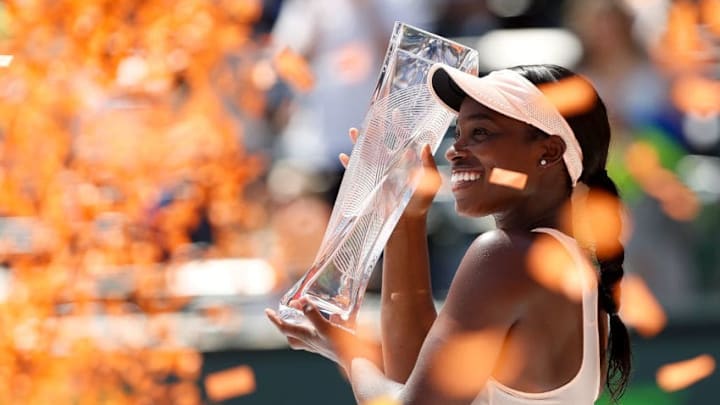 KEY BISCAYNE, FL - MARCH 31: Sloane Stephens of the United States celebrates after defeating Jelena Ostapenko of Latvia in the women's final on Day 13 of the Miami Open Presented by Itau at Crandon Park Tennis Center on March 31, 2018 in Key Biscayne, Florida. (Photo by Michael Reaves/Getty Images)