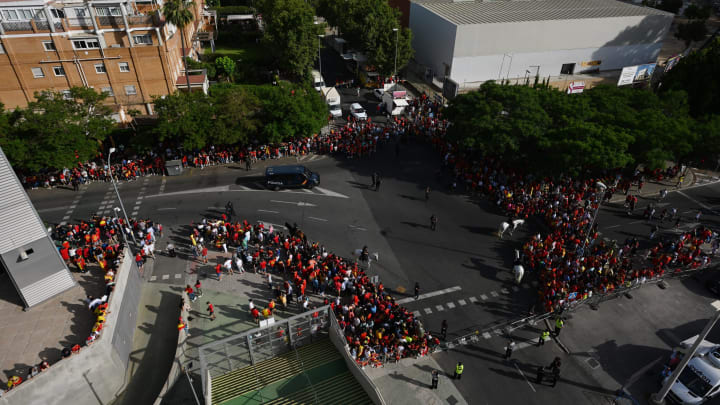 Spanish football fans seen waiting for the national team to arrive at Estadio Benito Villamarin on June 2, 2022, in Seville, Spain. (Photo by Zed Jameson/MB Media/Getty Images)