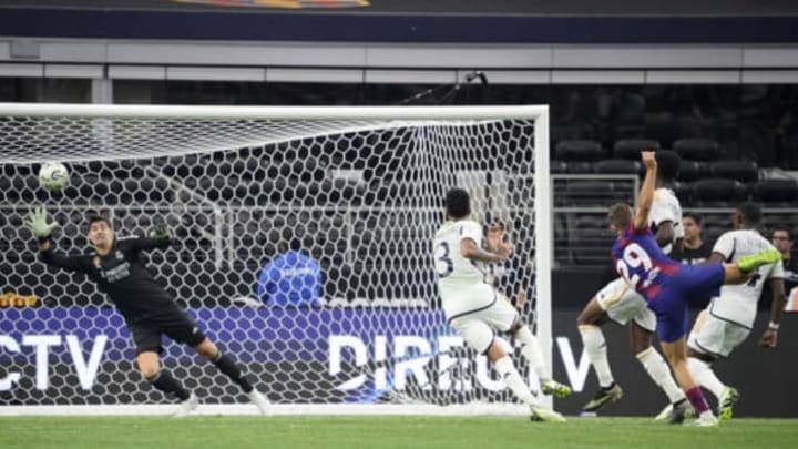 Fermin Lopez scores a goal past Thibaut Courtois during the second half of the pre-season friendly match at AT&T Stadium on July 29, 2023 in Arlington, Texas. (Photo by Sam Hodde/Getty Images)