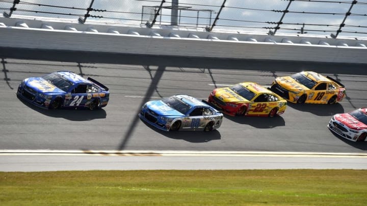 Feb 21, 2016; Daytona Beach, FL, USA; NASCAR Sprint Cup Series driver Chase Elliott (24) leads during the Daytona 500 at Daytona International Speedway. Mandatory Credit: Jasen Vinlove-USA TODAY Sports