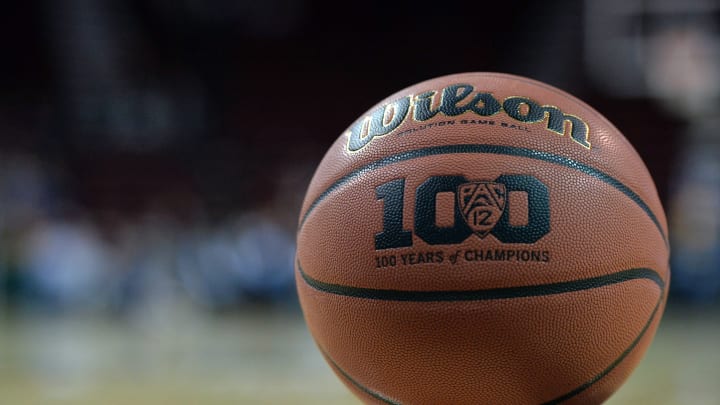 Mar 5, 2016; Seattle , WA, USA; General view of a NCAA Wilson basketball with the 100th anniversary Pac-12 logo during a womens semifinal in the Pac-12 Conference tournament at KeyArena. Mandatory Credit: Kirby Lee-USA TODAY Sports