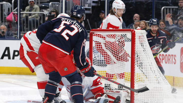 Nov 19, 2022; Columbus, Ohio, USA; Columbus Blue Jackets center Emil Bemstrom (52) scores a goal against Detroit Red Wings goalie Ville Husso (35) during the second period at Nationwide Arena. Mandatory Credit: Russell LaBounty-USA TODAY Sports