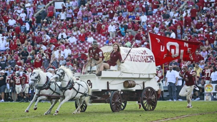NORMAN, OK - SEPTEMBER 29: The Oklahoma Sooners Sooner Schooner takes to the field after a touchdown against the Baylor Bears at Gaylord Family Oklahoma Memorial Stadium on September 29, 2018 in Norman, Oklahoma. Oklahoma defeated Baylor 66-33. (Photo by Brett Deering/Getty Images) *** Local Caption ***