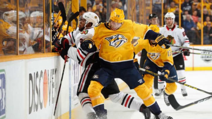 NASHVILLE, TN – JANUARY 30: Calle Jarnkrok #19 of the Nashville Predators checks Anthony Duclair #91 of the Chicago Blackhawks during an NHL game at Bridgestone Arena on January 30, 2018 in Nashville, Tennessee. (Photo by John Russell/NHLI via Getty Images)