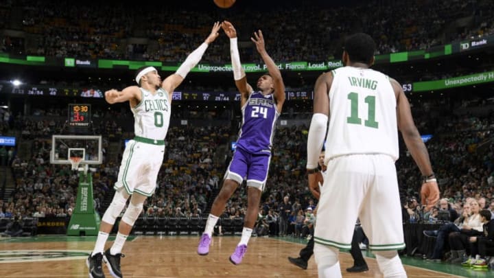 BOSTON, MA - MARCH 14: Buddy Hield #24 of the Sacramento Kings shoots the ball against the Boston Celtics on March 14, 2019 at the TD Garden in Boston, Massachusetts. NOTE TO USER: User expressly acknowledges and agrees that, by downloading and/or using this photograph, user is consenting to the terms and conditions of the Getty Images License Agreement. Mandatory Copyright Notice: Copyright 2019 NBAE (Photo by Brian Babineau/NBAE via Getty Images)