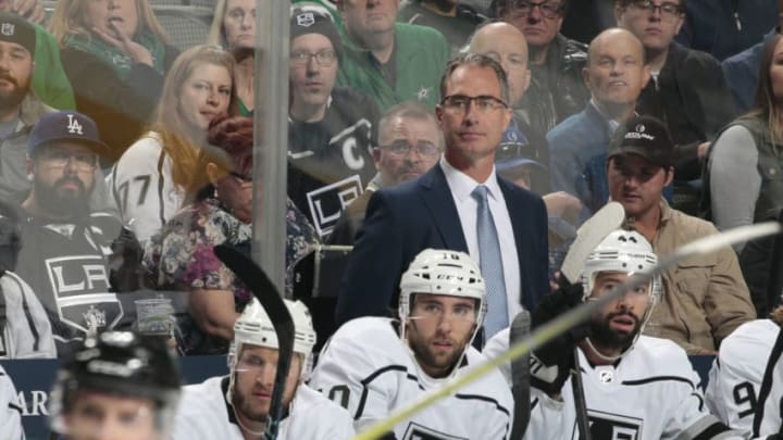 DALLAS, TX - OCTOBER 23: John Stevens of the Los Angeles Kings watches the action from behind the bench against the Dallas Stars at the American Airlines Center on October 23, 2018 in Dallas, Texas. (Photo by Glenn James/NHLI via Getty Images)