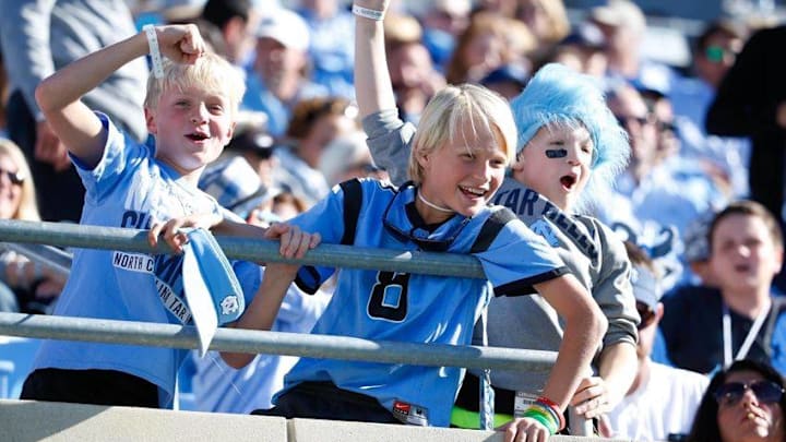 Nov 5, 2016; Chapel Hill, NC, USA; North Carolina Tar Heels fans react during the second half against he Georgia Tech Yellow Jackets at Kenan Memorial Stadium. The North Carolina Tar Heels defeated the Georgia Tech Yellow Jackets 48-20. Mandatory Credit: James Guillory-USA TODAY Sports