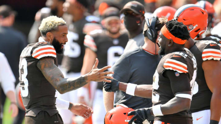 CLEVELAND, OHIO - SEPTEMBER 27: Wide receiver Odell Beckham Jr. #13 celebrates with strong safety Karl Joseph #42 of the Cleveland Browns after Joseph after Joseph caught an interception during the second quarter against the Washington Football Team at FirstEnergy Stadium on September 27, 2020 in Cleveland, Ohio. (Photo by Jason Miller/Getty Images)