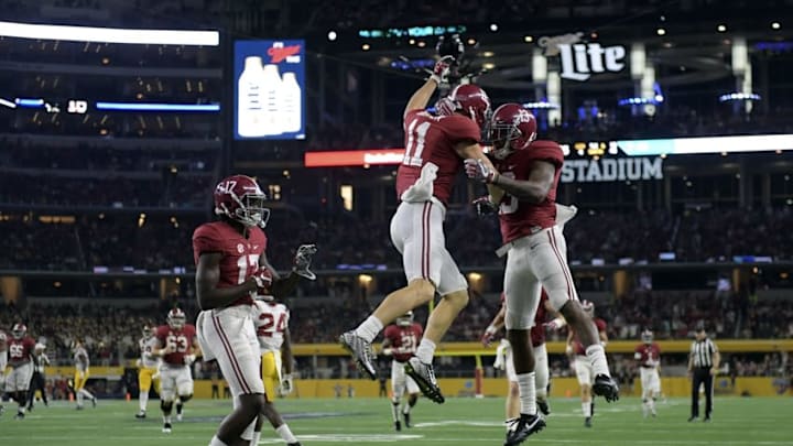 Sep 3, 2016; Arlington, TX, USA; Alabama Crimson Tide wide receiver Gehrig Dieter (11) reacts after scoring a touchdown during the second half against the USC Trojans at AT&T Stadium. Mandatory Credit: Kirby Lee-USA TODAY Sports