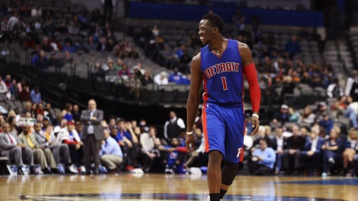 Dec 14, 2016; Dallas, TX, USA; Detroit Pistons guard Reggie Jackson (1) laughs during the second half against the Dallas Mavericks at American Airlines Center. Mandatory Credit: Kevin Jairaj-USA TODAY Sports