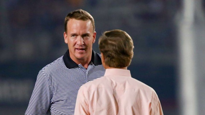 Sep 10, 2016; Bristol, TN, USA; Tennessee Volunteers former quarterback Peyton Manning speaks with Tennessee governor Bill Haslam before the game against the Virginia Tech Hokies at Bristol Motor Speedway. Mandatory Credit: Randy Sartin-USA TODAY Sports