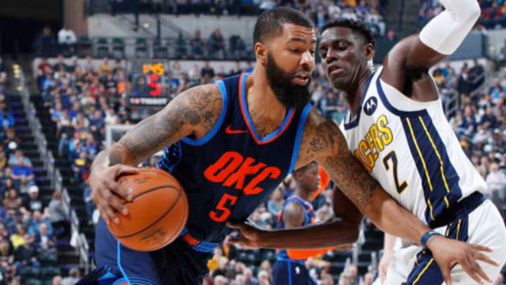 INDIANAPOLIS, IN – MARCH 14: Markieff Morris #5 of the Oklahoma City Thunder drives against Darren Collison #2 of the Indiana Pacers in the first half of the game at Bankers Life Fieldhouse on March 14, 2019 in Indianapolis, Indiana. The Pacers won 108-106. NOTE TO USER: User expressly acknowledges and agrees that, by downloading and or using the photograph, User is consenting to the terms and conditions of the Getty Images License Agreement. (Photo by Joe Robbins/Getty Images)