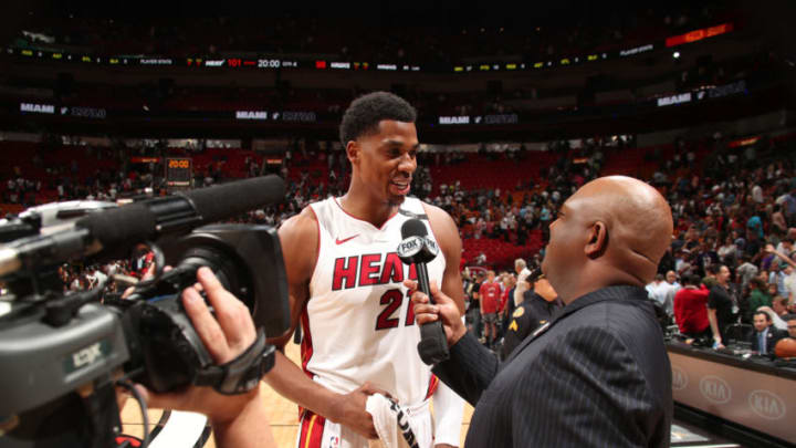 MIAMI, FL - APRIL 3: Hassan Whiteside #21 of the Miami Heat speaks to the media after the game against the Atlanta Hawks on April 3, 2018 at American Airlines Arena in Miami, Florida. NOTE TO USER: User expressly acknowledges and agrees that, by downloading and/or using this photograph, user is consenting to the terms and conditions of the Getty Images License Agreement. Mandatory Copyright Notice: Copyright 2018 NBAE (Photo by Issac Baldizon/NBAE via Getty Images)