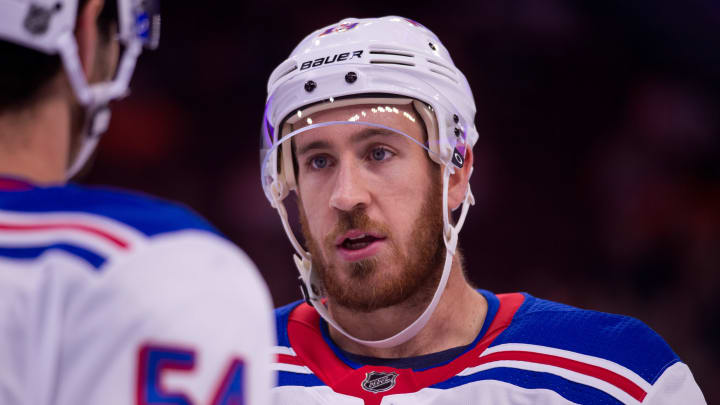 PHILADELPHIA, PA – SEPTEMBER 27: Rangers C Kevin Hayes (13) talks with D Adam McQuaid (54) between plays in the first period during the Preseason game between the New York Rangers and Philadelphia Flyers on September 27, 2018 at Wells Fargo Center in Philadelphia, PA. (Photo by Kyle Ross/Icon Sportswire via Getty Images)