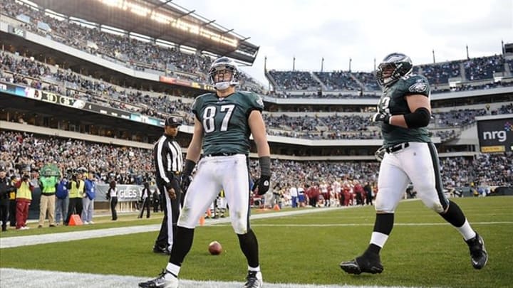 Jan 01, 2012; Philadelphia, PA, USA; Philadelphia Eagles tight end Brent Celek (87) celebrates scoring a touchdown during the fourth quarter against the Washington Redskins at Lincoln Financial Field. The Eagles defeated the Redskins 34-10. Mandatory Credit: Howard Smith-USA TODAY Sports