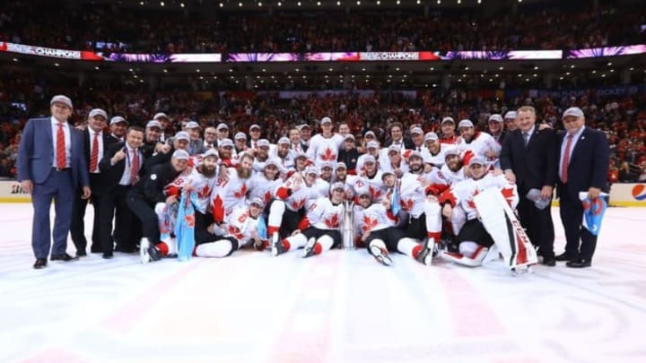 Sep 29, 2016; Toronto, Ontario, Canada; Team Canada players pose for a team photo after defeating Team Europe in game two of the World Cup of Hockey final at Air Canada Centre. Mandatory Credit: Bruce Bennett/Pool Photo via USA TODAY Sports