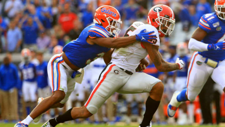 JACKSONVILLE, FLORIDA - NOVEMBER 02: Lawrence Cager #15 of the Georgia Bulldogs rushes after a catch during a game against the Florida Gators on November 02, 2019 in Jacksonville, Florida. (Photo by Mike Ehrmann/Getty Images)