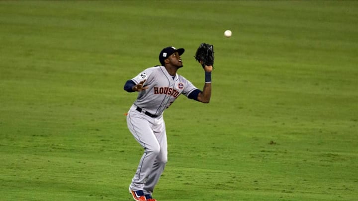 LOS ANGELES, CA - OCTOBER 25: Cameron Maybin #3 of the Houston Astros catches a fly ball during Game 2 of the 2017 World Series against the Los Angeles Dodgers at Dodger Stadium on Wednesday, October 25, 2017 in Los Angeles, California. (Photo by Rob Tringali/MLB Photos via Getty Images)