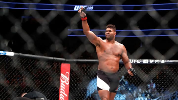 LAS VEGAS, NV - MARCH 04: Alistair Overeem (C) of the Netherlands celebrates after his third-round knockout of Mark Hunt of Australia in a heavyweight bout during UFC 209 at T-Mobile Arena on March 4, 2017 in Las Vegas, Nevada. (Photo by Steve Marcus/Getty Images)