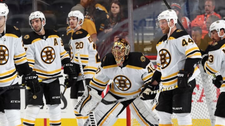 PHILADELPHIA, PA - JANUARY 13: Tuukka Rask #40 of the Boston Bruins warms up with teammates against the Philadelphia Flyers on January 13, 2020 at the Wells Fargo Center in Philadelphia, Pennsylvania. (Photo by Len Redkoles/NHLI via Getty Images)