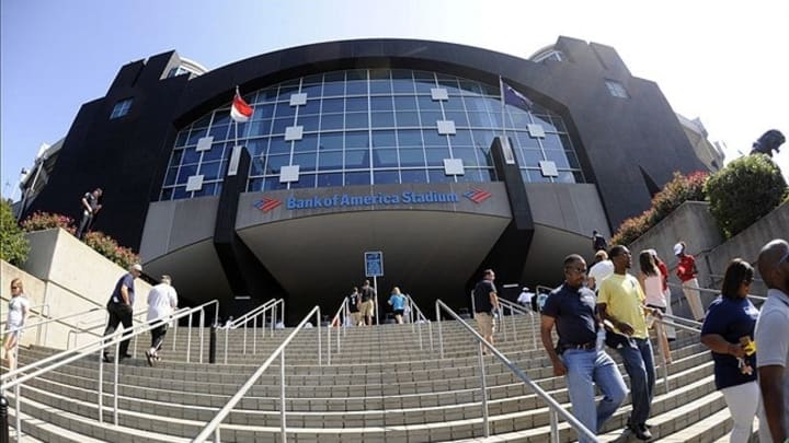 Sep 8, 2013; Charlotte, NC, USA; The front of Bank of America stadium on opening day before the Carolina Panthers play against the Seattle Seahawks. Mandatory Credit: Sam Sharpe-USA TODAY Sports